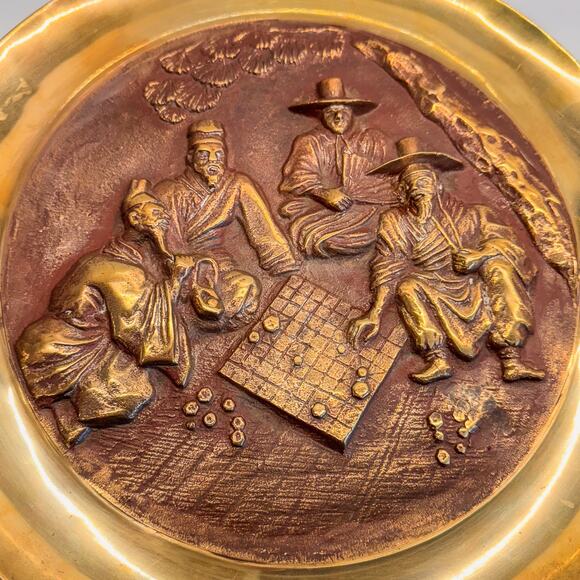 Vintage Oriental “Playing Board Games” Solid Bronze/Brass Decor Charger, 12.5” - Picture 2 of 6